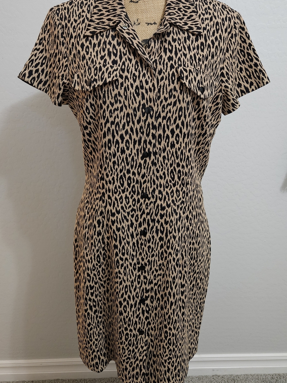 Tabloid- Leopard Print Short-Sleeve Midi Dress - Beige/Black